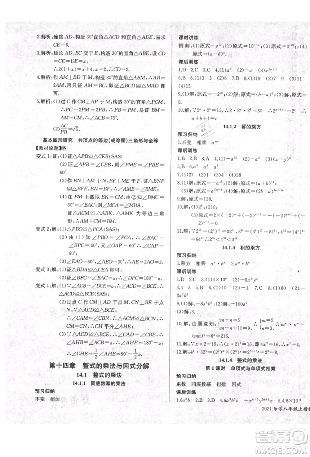 長江少年兒童出版社2021樂學課堂課時學講練八年級上冊數(shù)學人教版參考答案