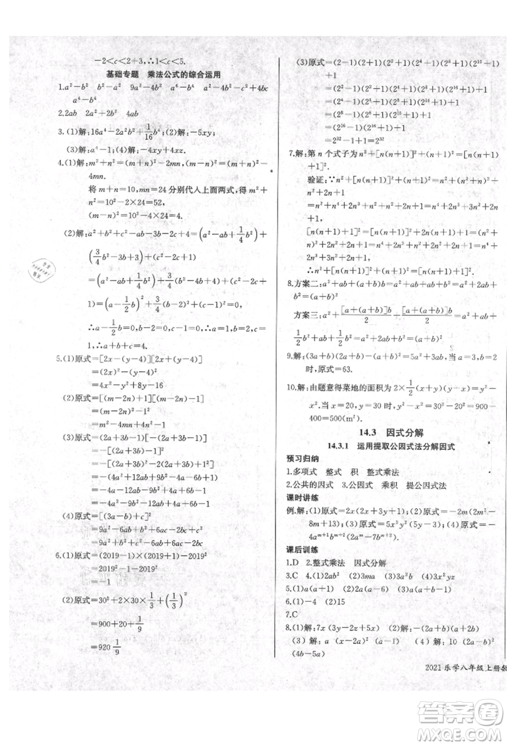 長江少年兒童出版社2021樂學課堂課時學講練八年級上冊數(shù)學人教版參考答案