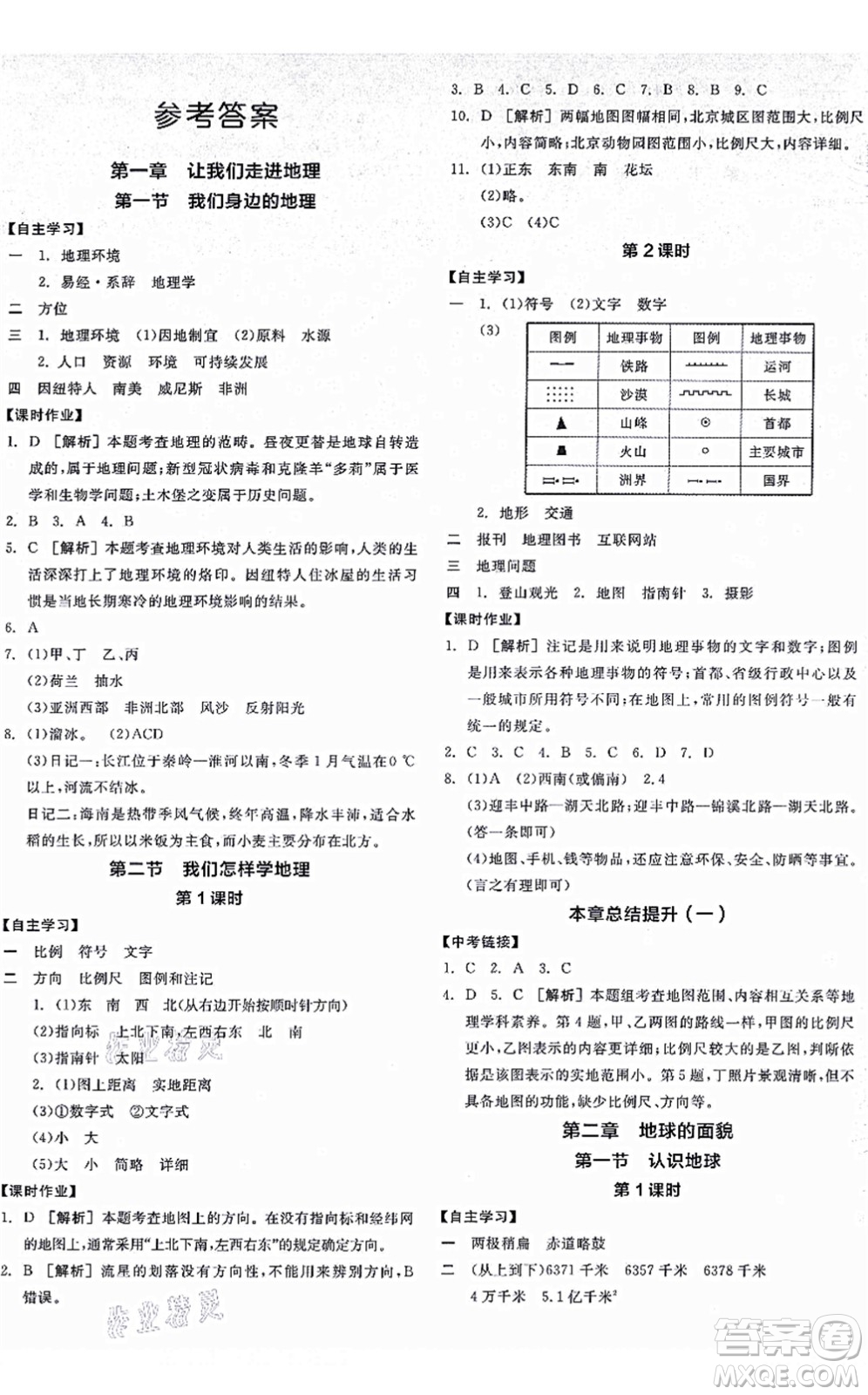 陽(yáng)光出版社2021全品學(xué)練考七年級(jí)地理上冊(cè)XJ湘教版答案