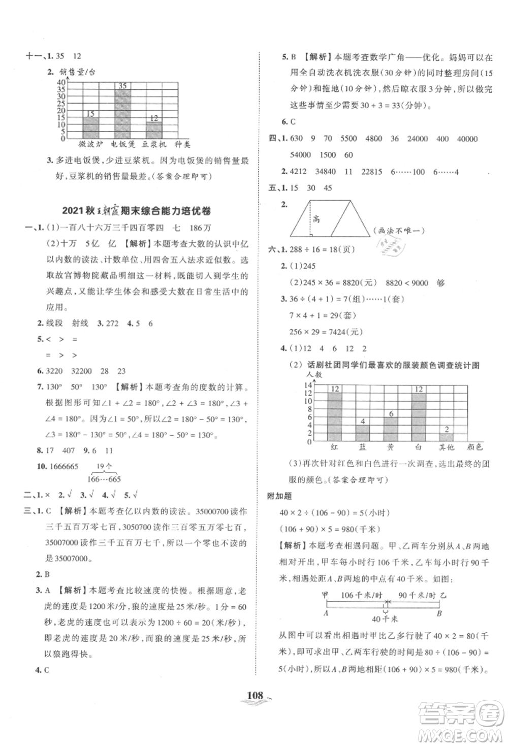 江西人民出版社2021王朝霞培優(yōu)100分四年級(jí)上冊(cè)數(shù)學(xué)人教版參考答案