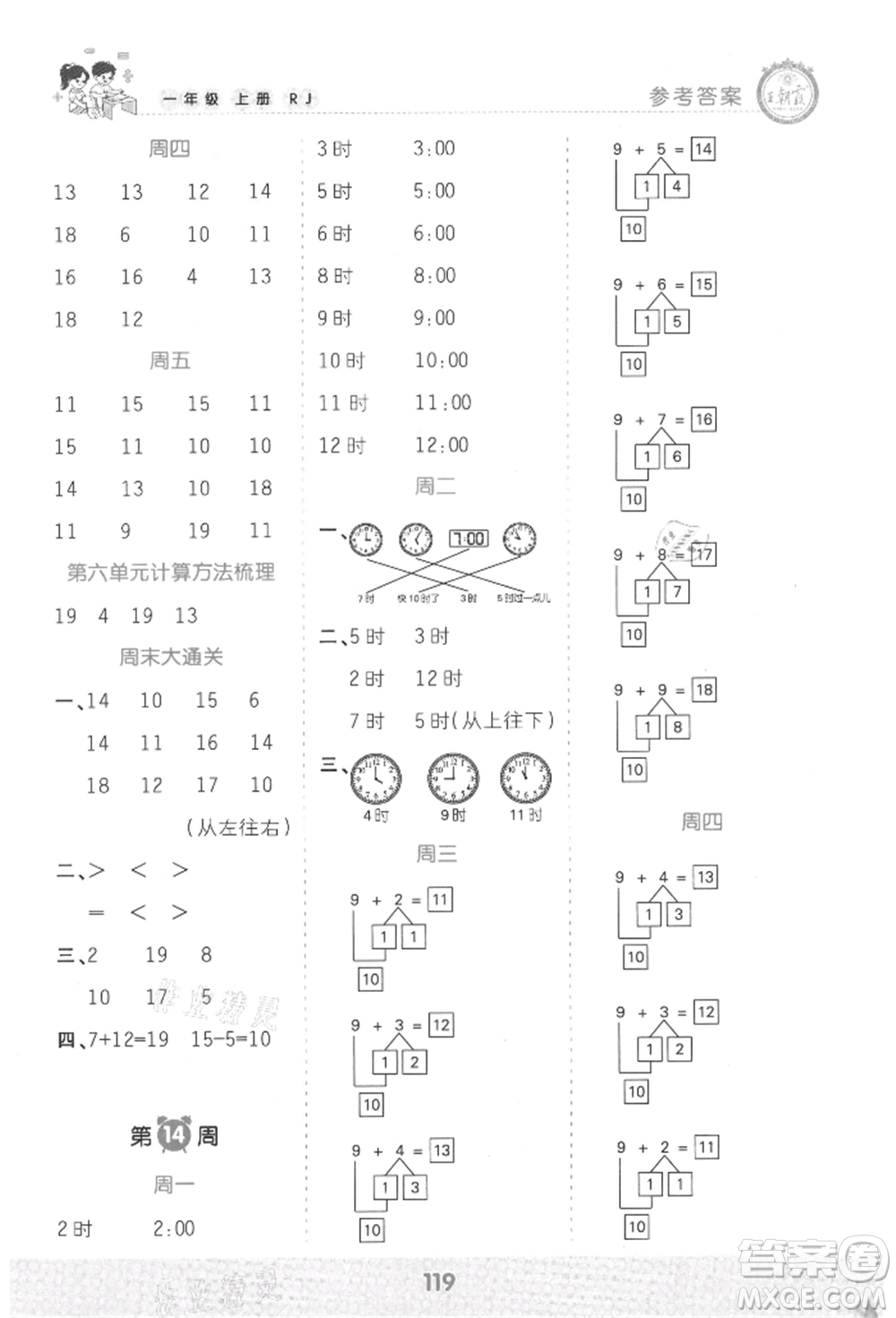 江西人民出版社2021王朝霞口算小達(dá)人一年級(jí)上冊(cè)數(shù)學(xué)人教版參考答案