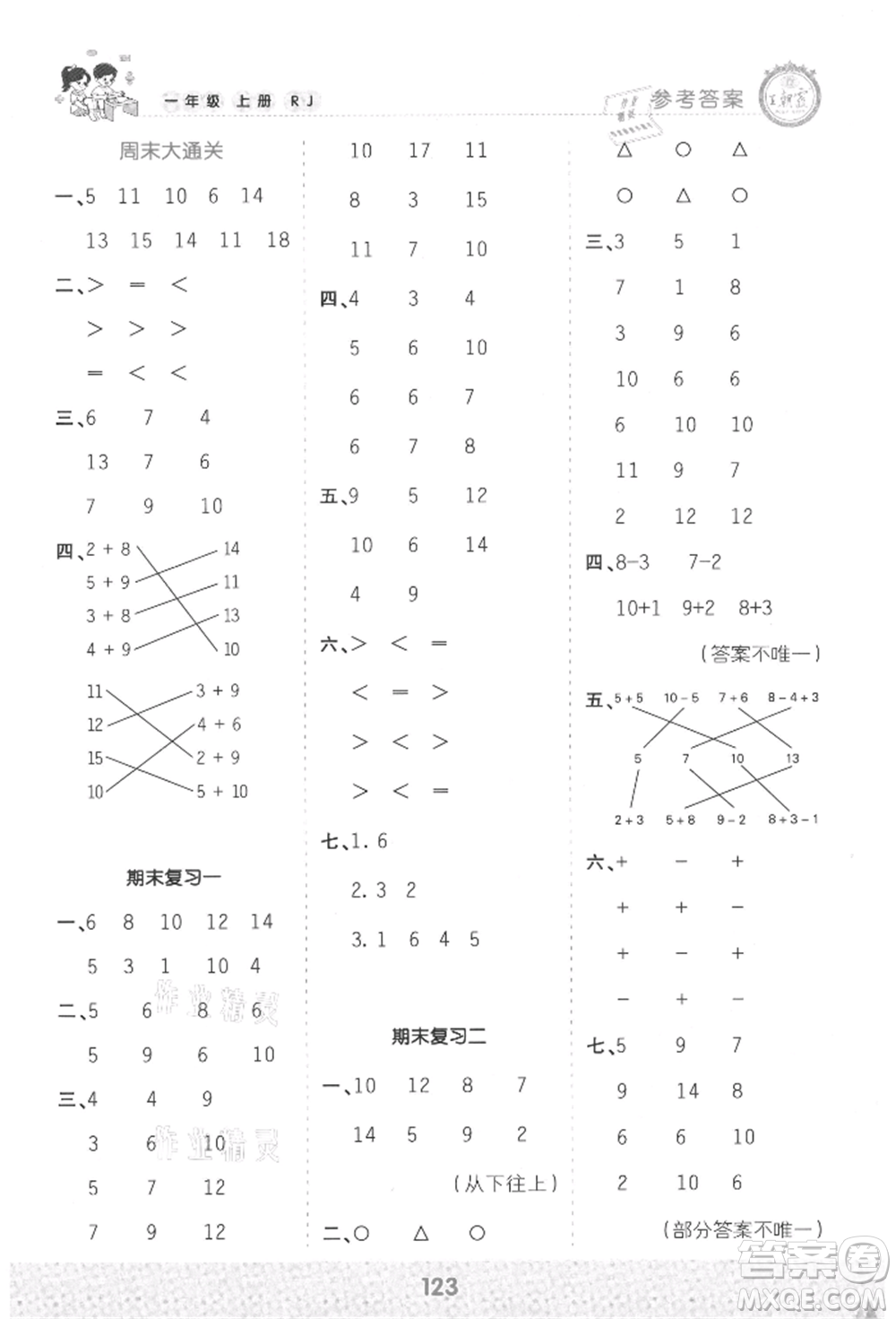 江西人民出版社2021王朝霞口算小達(dá)人一年級(jí)上冊(cè)數(shù)學(xué)人教版參考答案