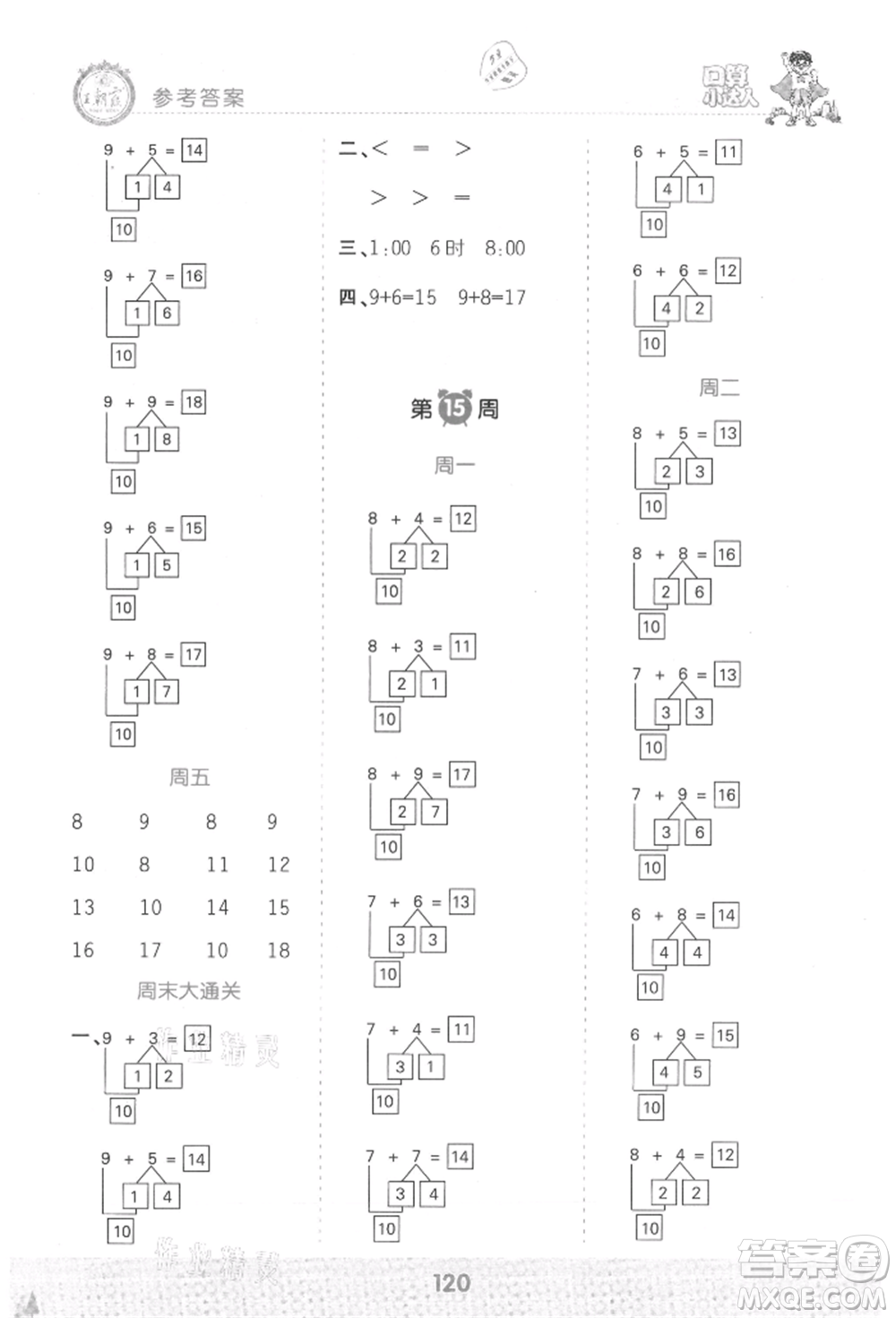 江西人民出版社2021王朝霞口算小達(dá)人一年級(jí)上冊(cè)數(shù)學(xué)人教版參考答案