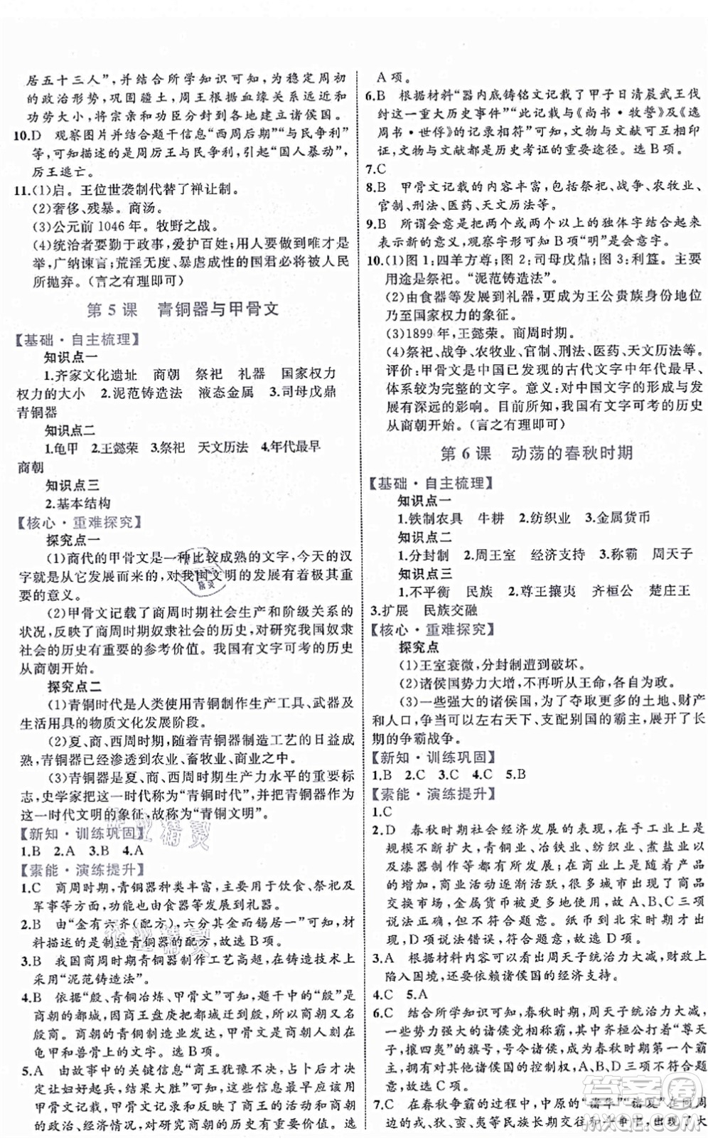 內(nèi)蒙古教育出版社2021初中同步學習目標與檢測七年級歷史上冊人教版答案