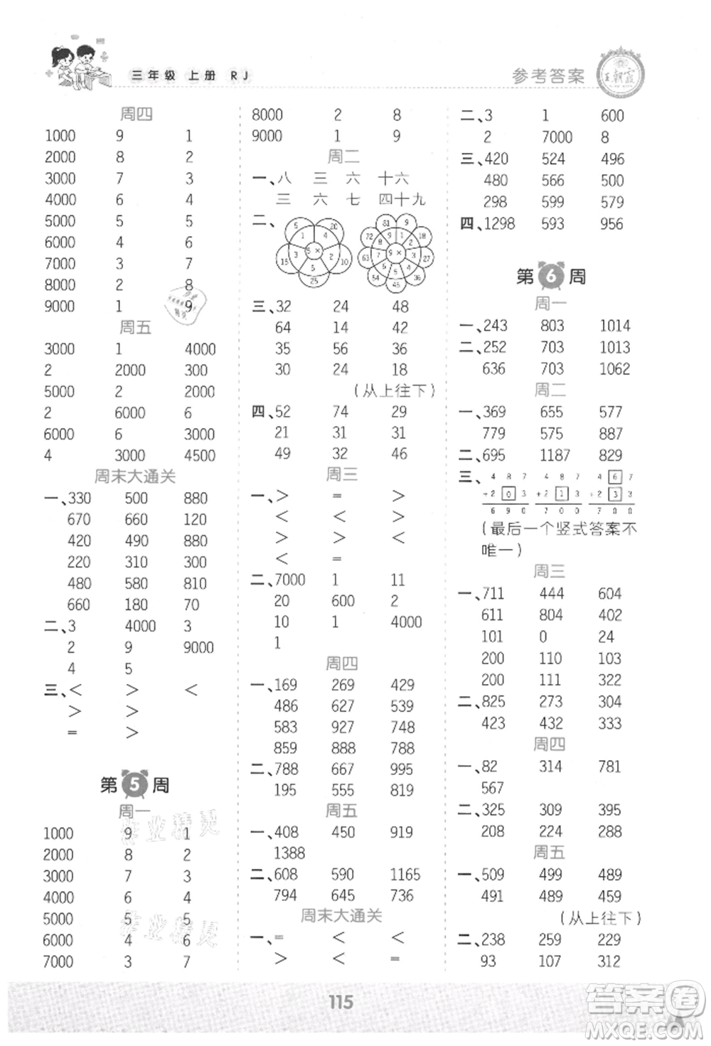 江西人民出版社2021王朝霞口算小達(dá)人三年級上冊數(shù)學(xué)人教版參考答案