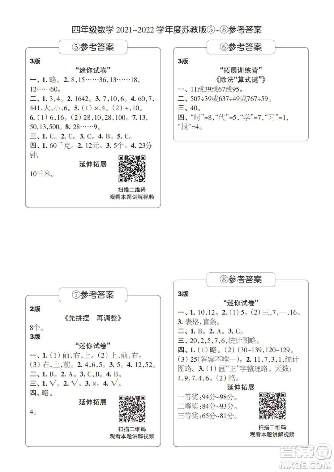 2021年時代學習報四年級上數(shù)學蘇教版1-8期參考答案