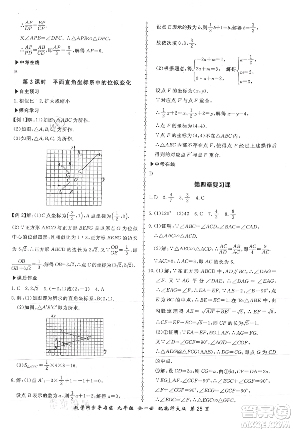 鄭州大學出版社2021新學案同步導與練九年級數(shù)學北師大版參考答案