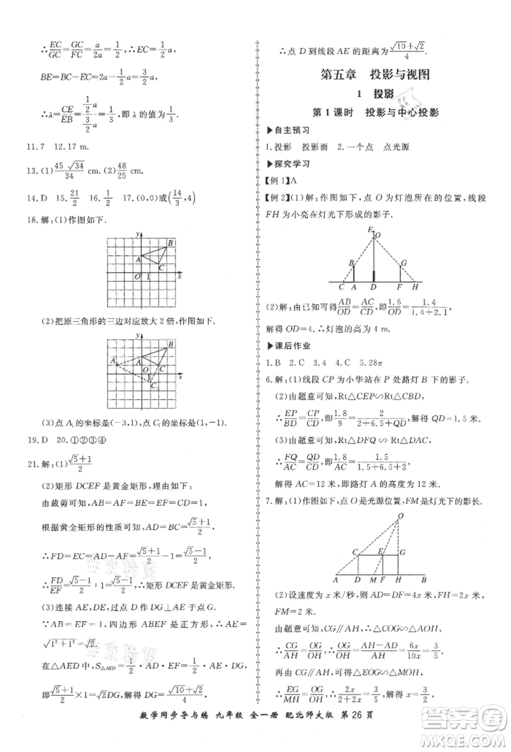 鄭州大學出版社2021新學案同步導與練九年級數(shù)學北師大版參考答案