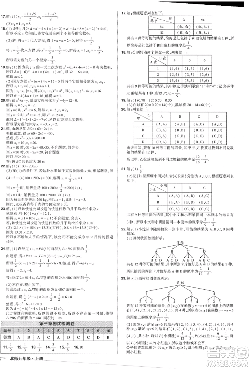 長(zhǎng)江出版社2021狀元成才路創(chuàng)優(yōu)作業(yè)九年級(jí)上冊(cè)數(shù)學(xué)北師大版參考答案