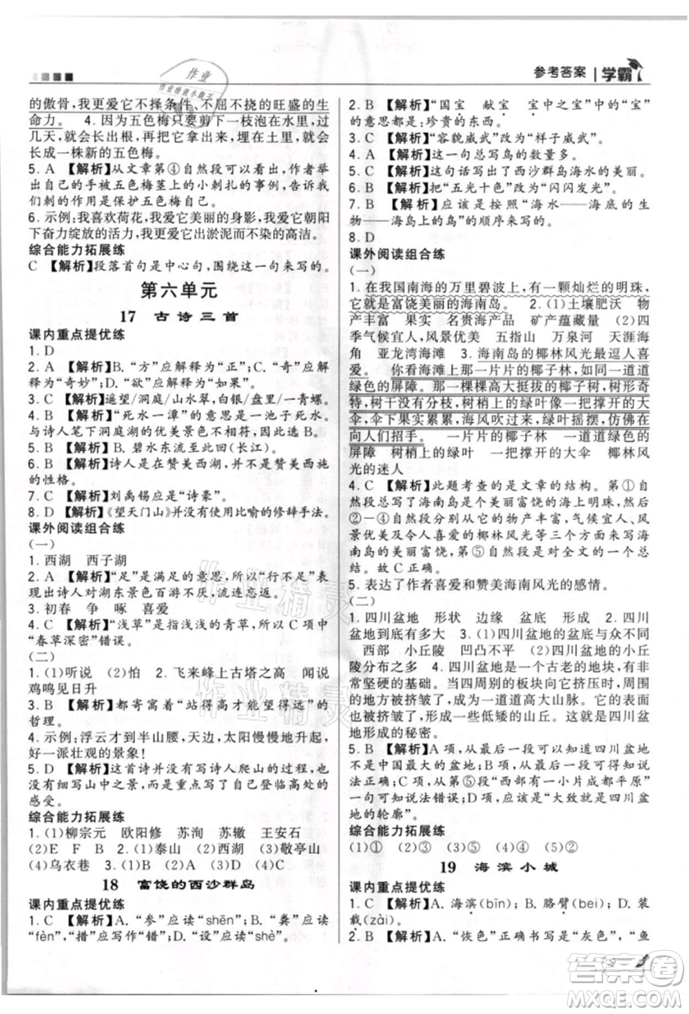 甘肅少年兒童出版社2021經(jīng)綸學(xué)典學(xué)霸三年級上冊語文人教版參考答案