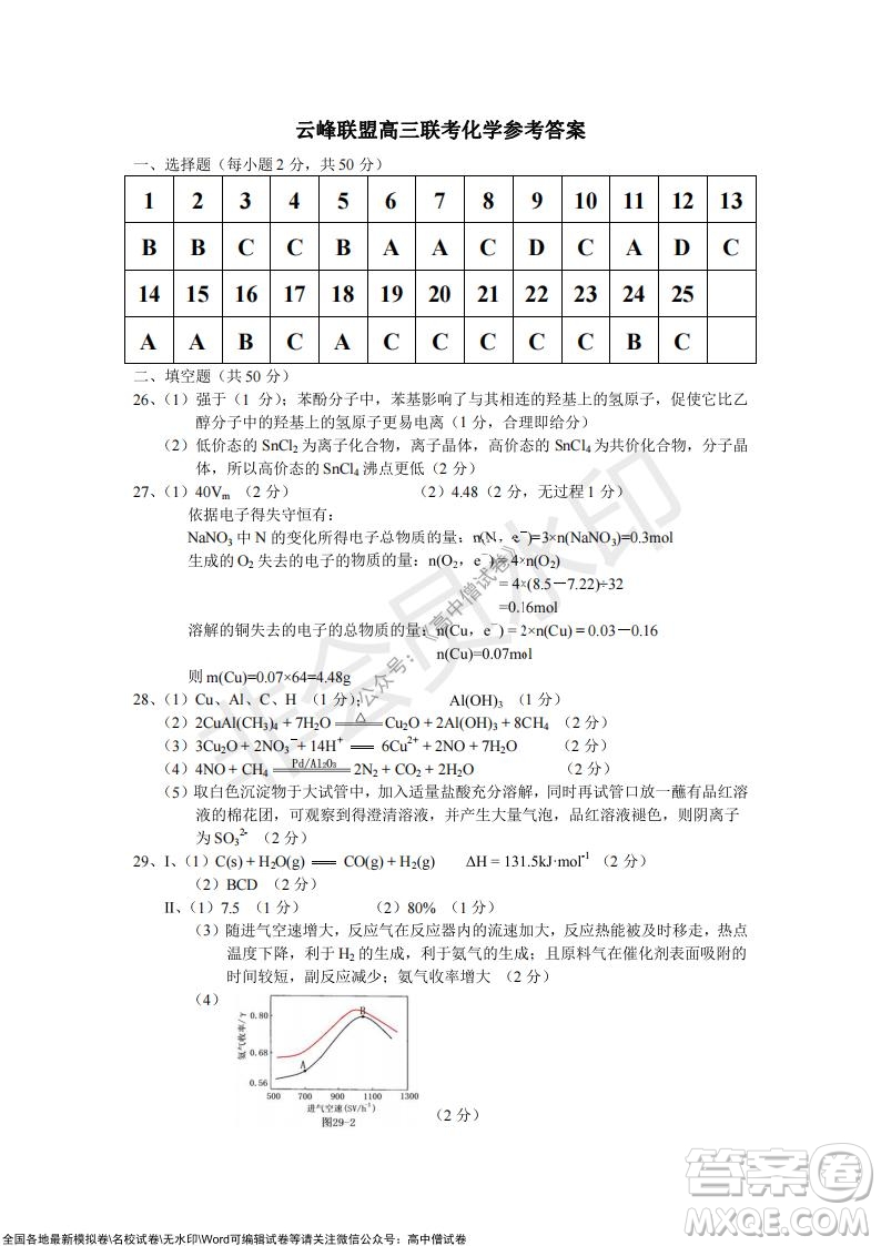 浙江省云峰聯(lián)盟2022屆高三10月聯(lián)考化學(xué)試卷及答案