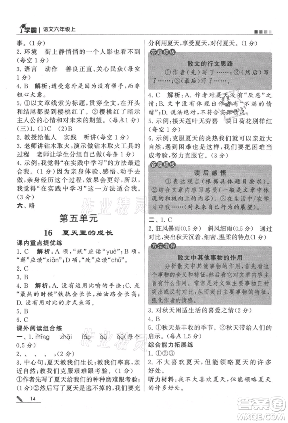 甘肅少年兒童出版社2021經(jīng)綸學(xué)典學(xué)霸六年級(jí)上冊(cè)語(yǔ)文人教版參考答案