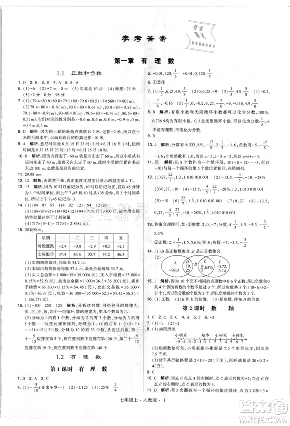 寧夏人民教育出版社2021經(jīng)綸學(xué)典學(xué)霸題中題七年級上冊數(shù)學(xué)人教版參考答案