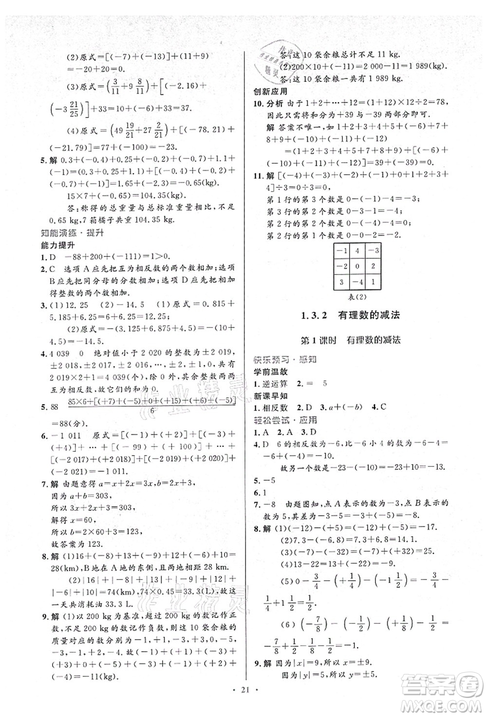 人民教育出版社2021初中同步測控優(yōu)化設計七年級數學上冊人教版答案