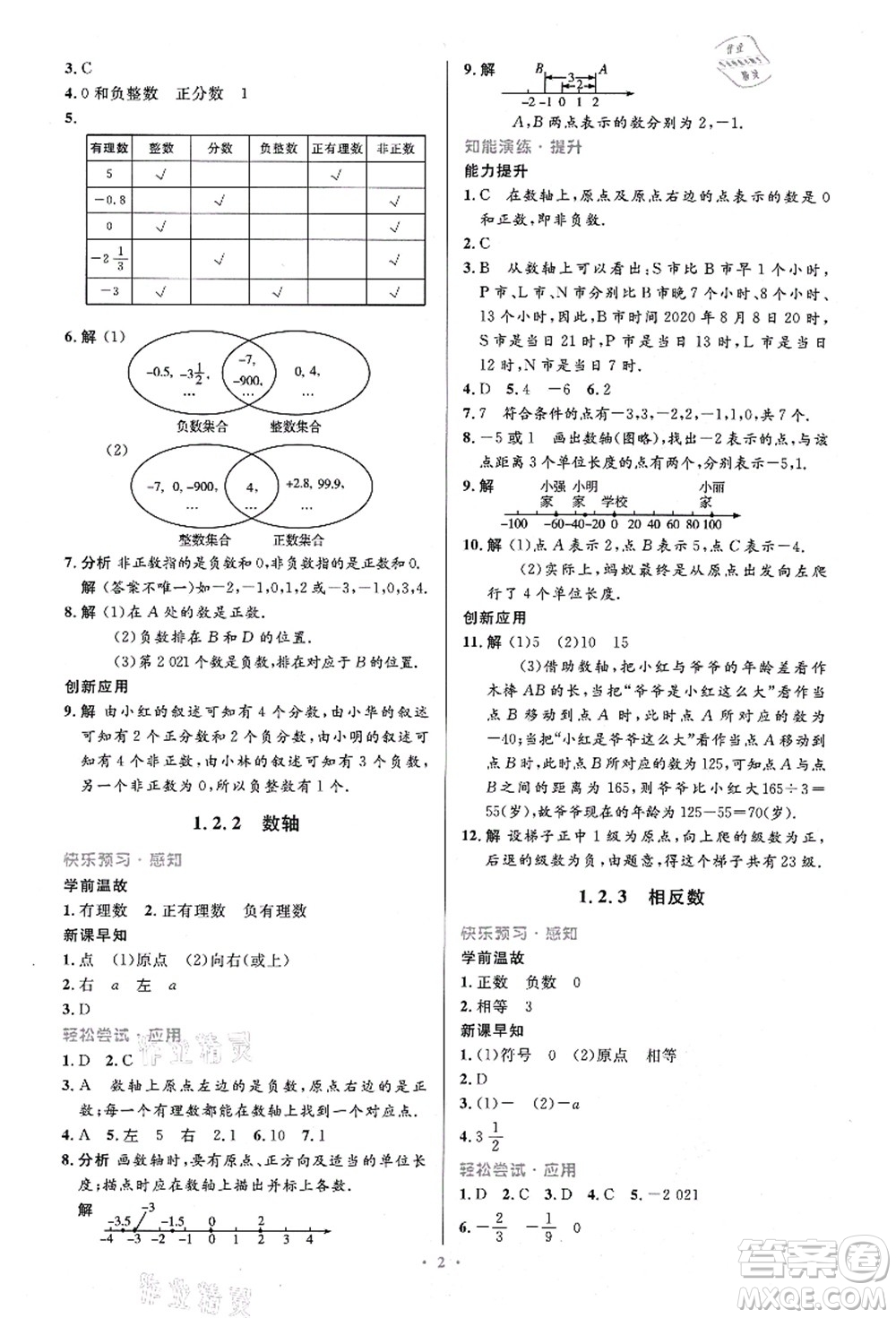 人民教育出版社2021初中同步測控優(yōu)化設計七年級數(shù)學上冊精編版答案