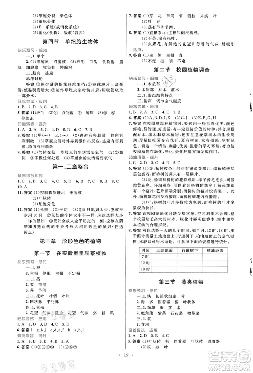 知識出版社2021初中同步測控優(yōu)化設計七年級生物上冊冀少版福建專版答案