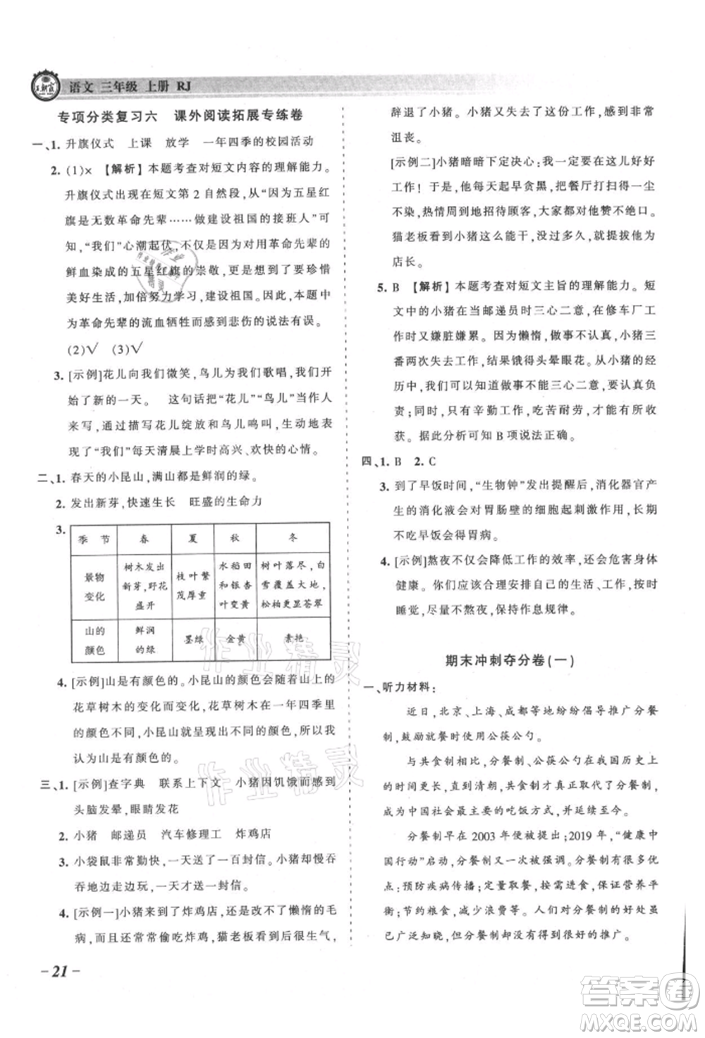 江西人民出版社2021王朝霞考點(diǎn)梳理時(shí)習(xí)卷三年級(jí)上冊(cè)語(yǔ)文人教版參考答案