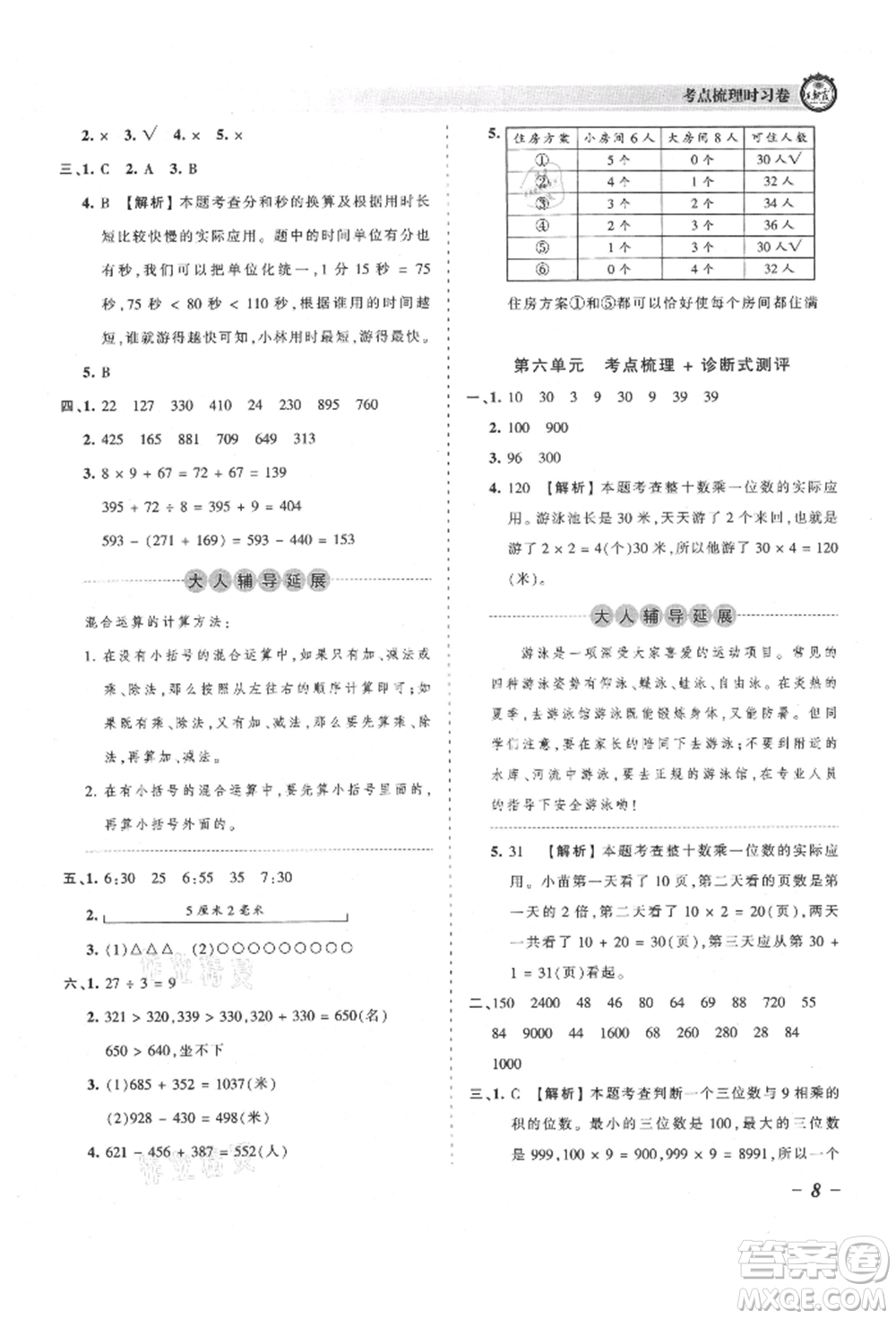 江西人民出版社2021王朝霞考點(diǎn)梳理時(shí)習(xí)卷三年級(jí)上冊(cè)數(shù)學(xué)人教版參考答案