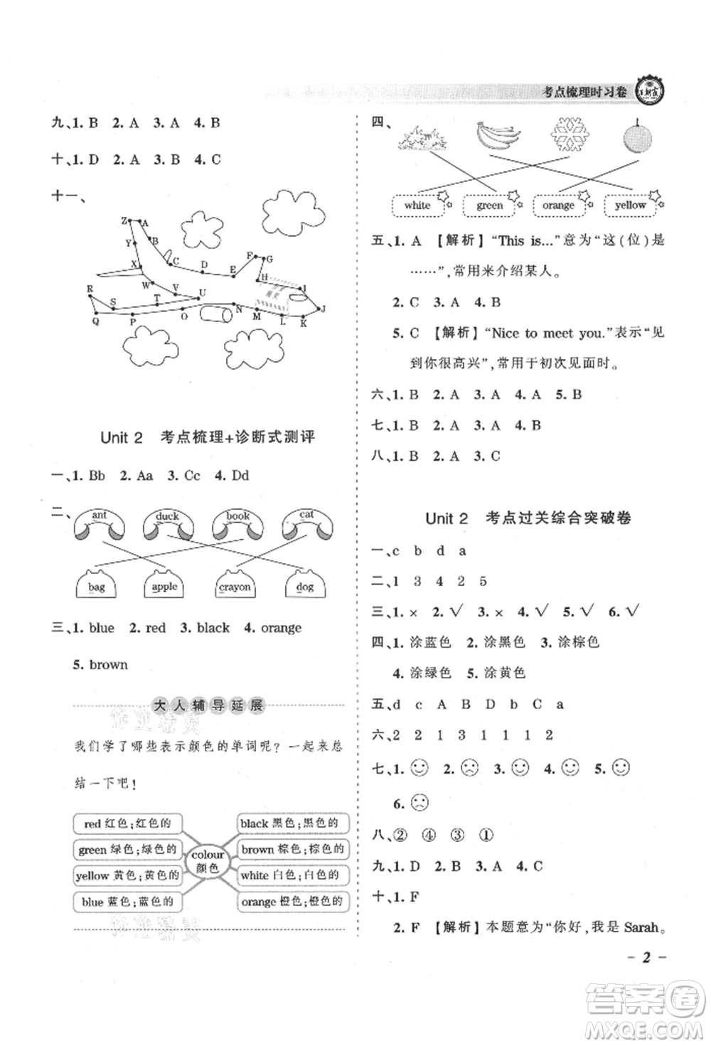 江西人民出版社2021王朝霞考點梳理時習卷三年級上冊英語人教版參考答案