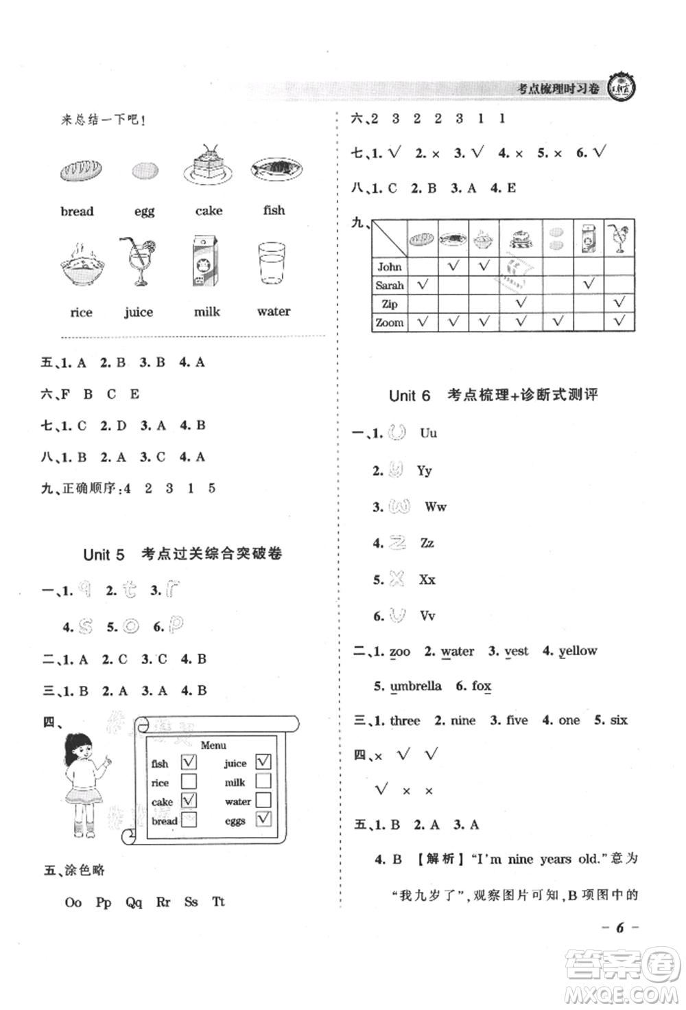 江西人民出版社2021王朝霞考點梳理時習卷三年級上冊英語人教版參考答案