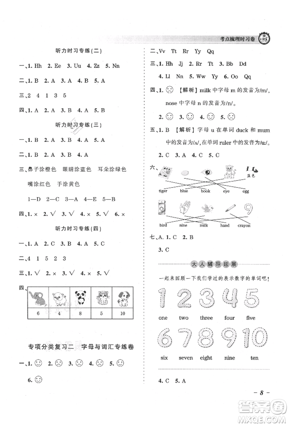 江西人民出版社2021王朝霞考點梳理時習卷三年級上冊英語人教版參考答案