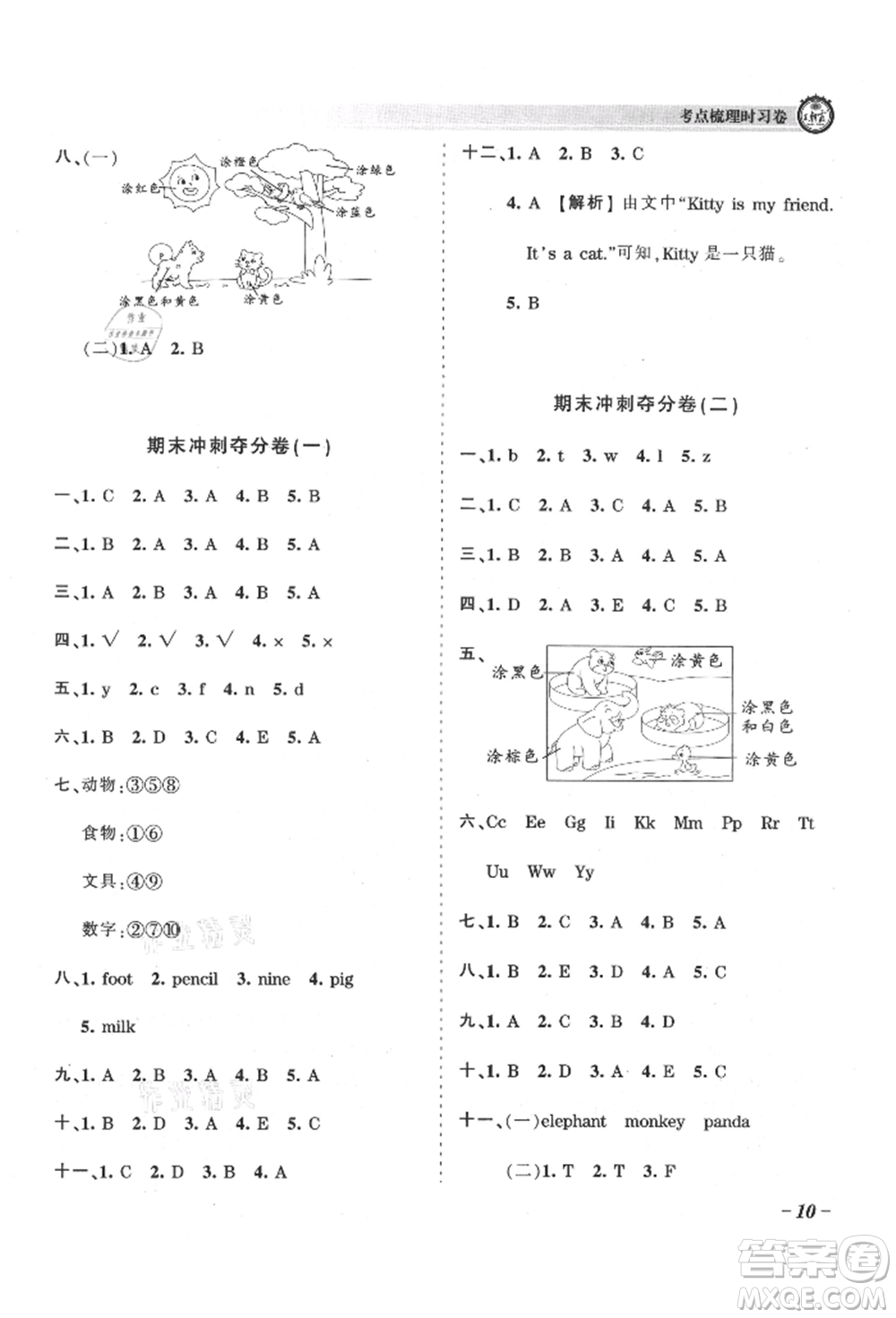 江西人民出版社2021王朝霞考點梳理時習卷三年級上冊英語人教版參考答案