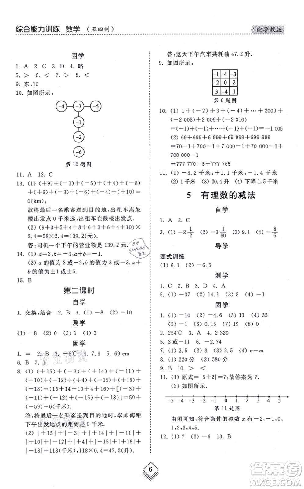 山東人民出版社2021綜合能力訓(xùn)練六年級(jí)數(shù)學(xué)上冊五四制魯教版答案