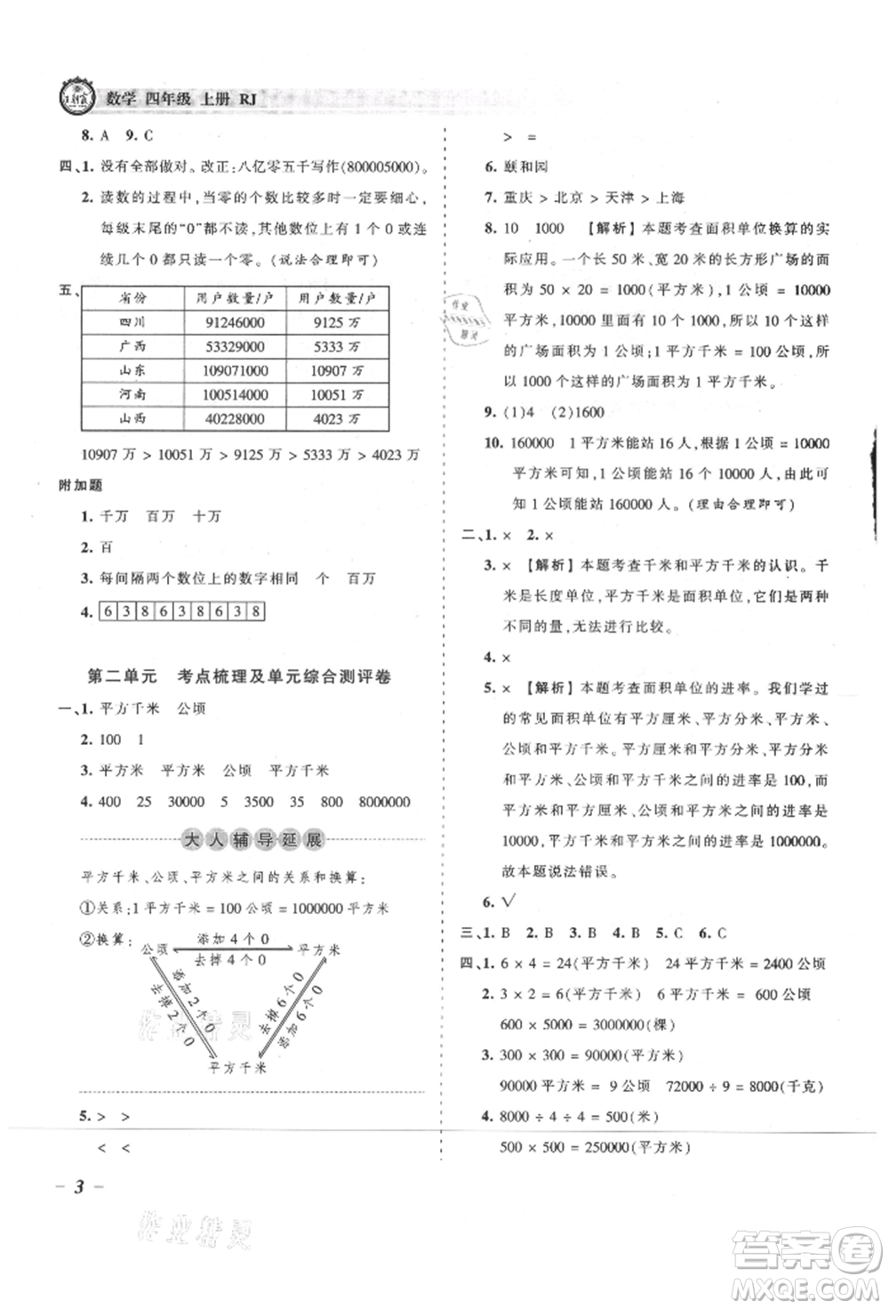 江西人民出版社2021王朝霞考點梳理時習卷四年級上冊數(shù)學人教版參考答案