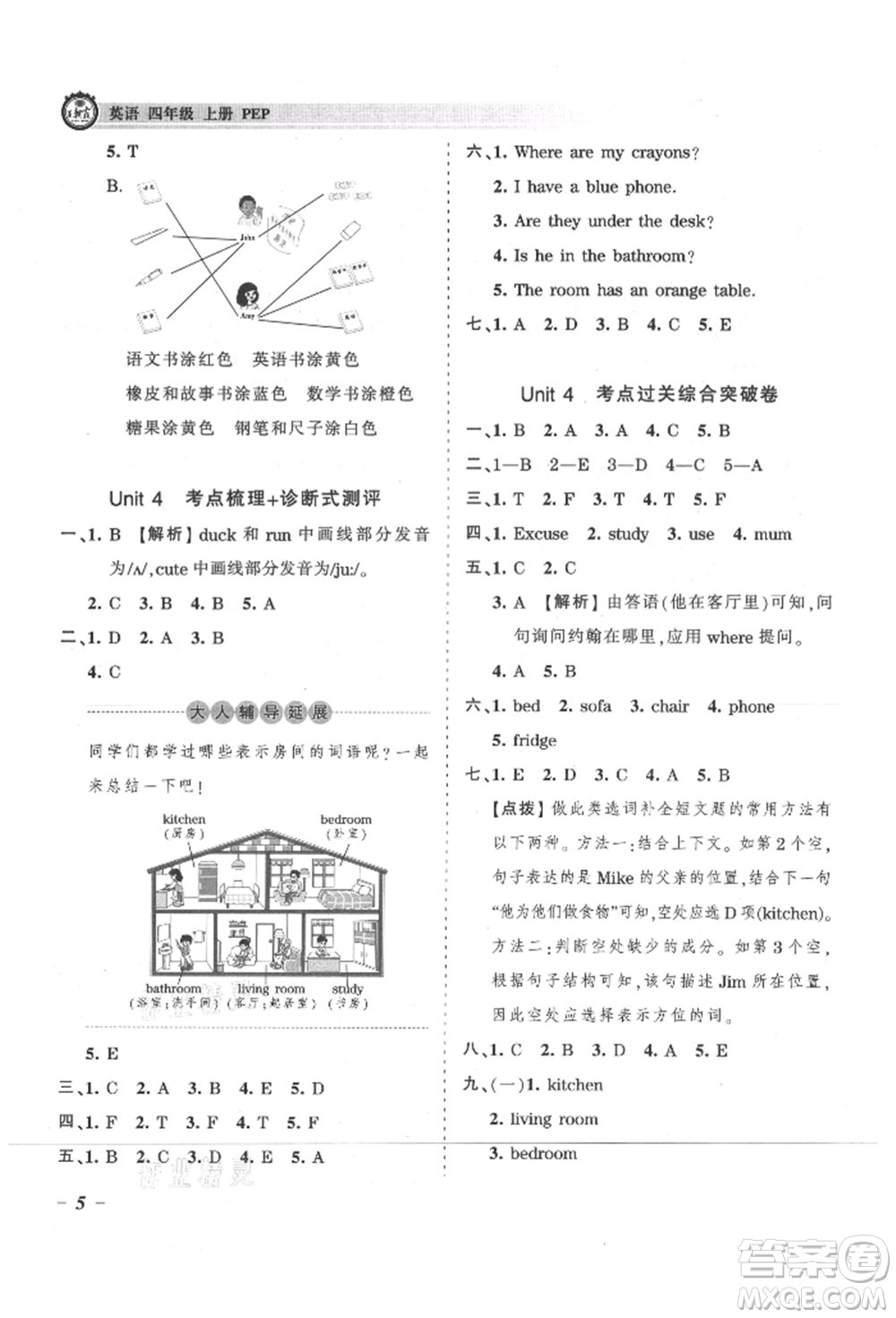 江西人民出版社2021王朝霞考點梳理時習卷四年級上冊英語人教版參考答案