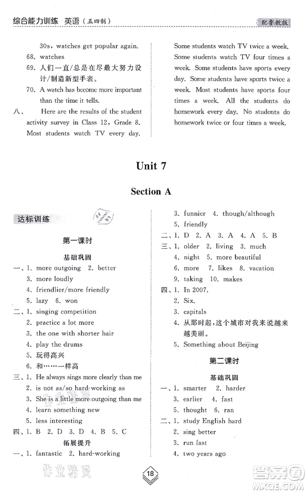 山東人民出版社2021綜合能力訓(xùn)練七年級(jí)英語(yǔ)上冊(cè)五四制魯教版答案