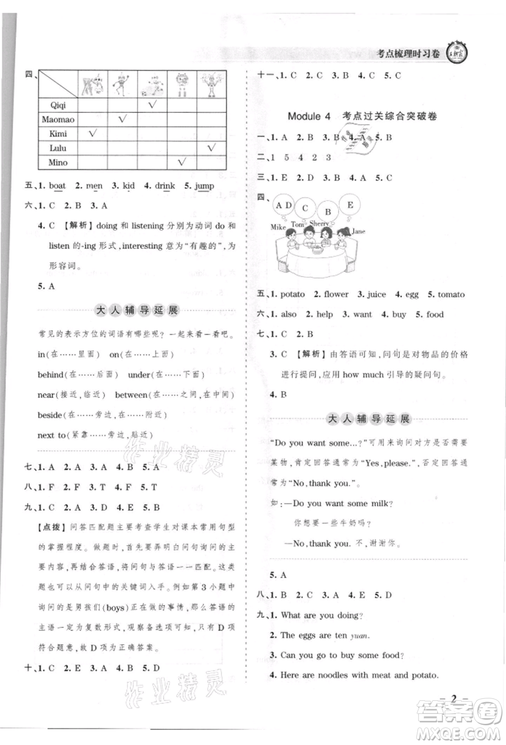 江西人民出版社2021王朝霞考點(diǎn)梳理時習(xí)卷四年級上冊英語外研版參考答案