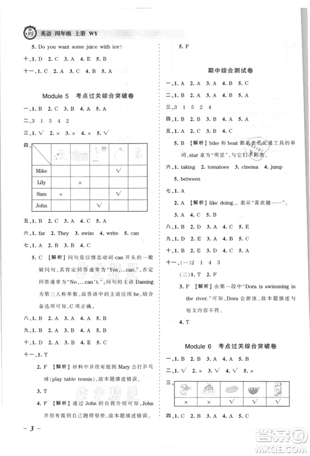 江西人民出版社2021王朝霞考點(diǎn)梳理時習(xí)卷四年級上冊英語外研版參考答案