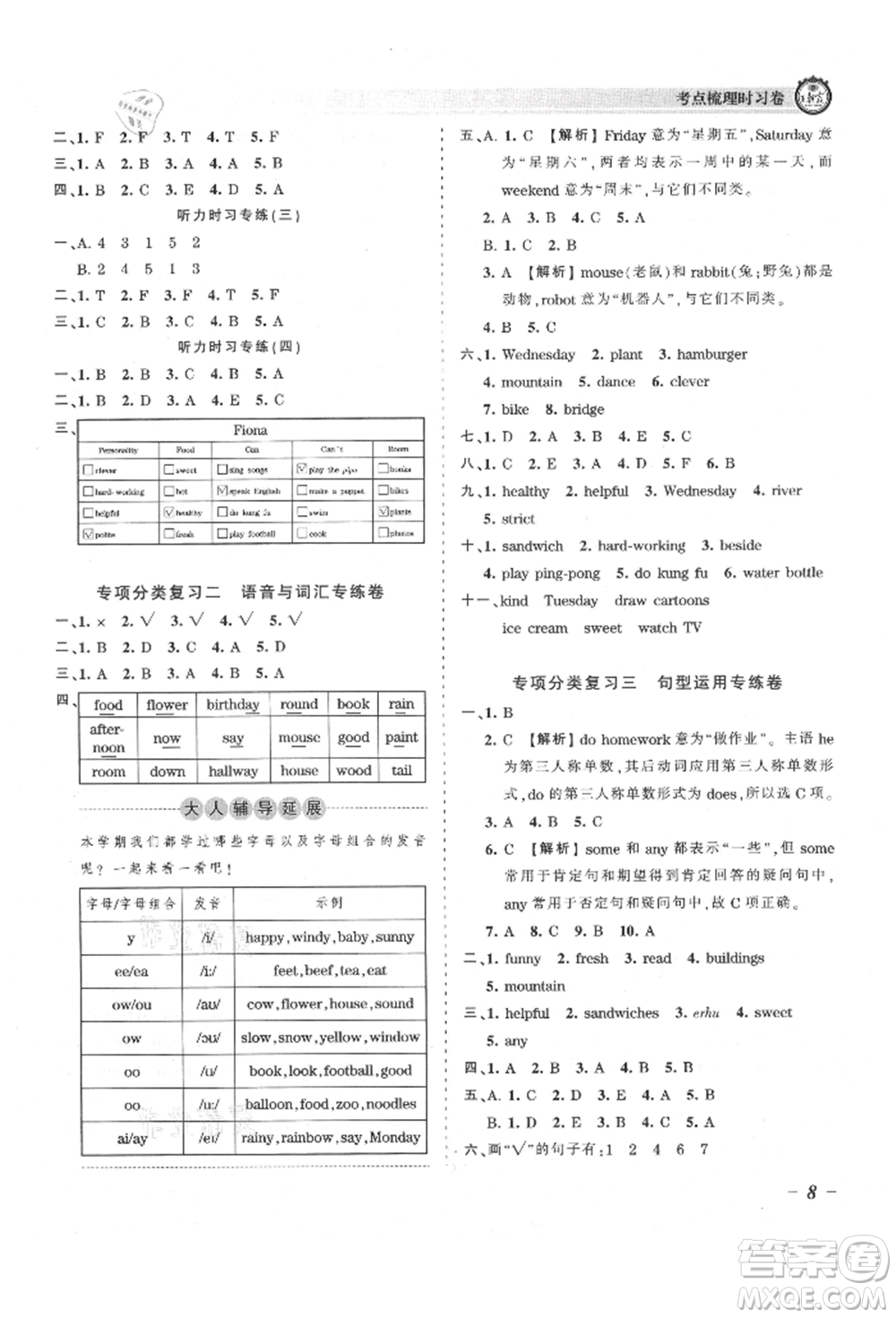 江西人民出版社2021王朝霞考點梳理時習卷五年級上冊英語人教版參考答案