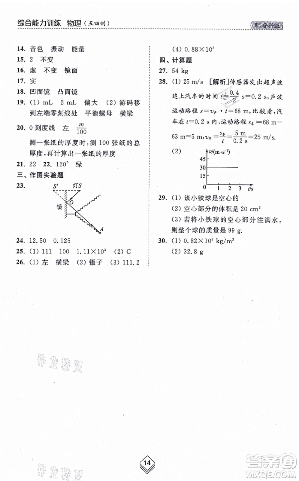 山東人民出版社2021綜合能力訓(xùn)練八年級(jí)物理上冊(cè)五四制魯科版答案