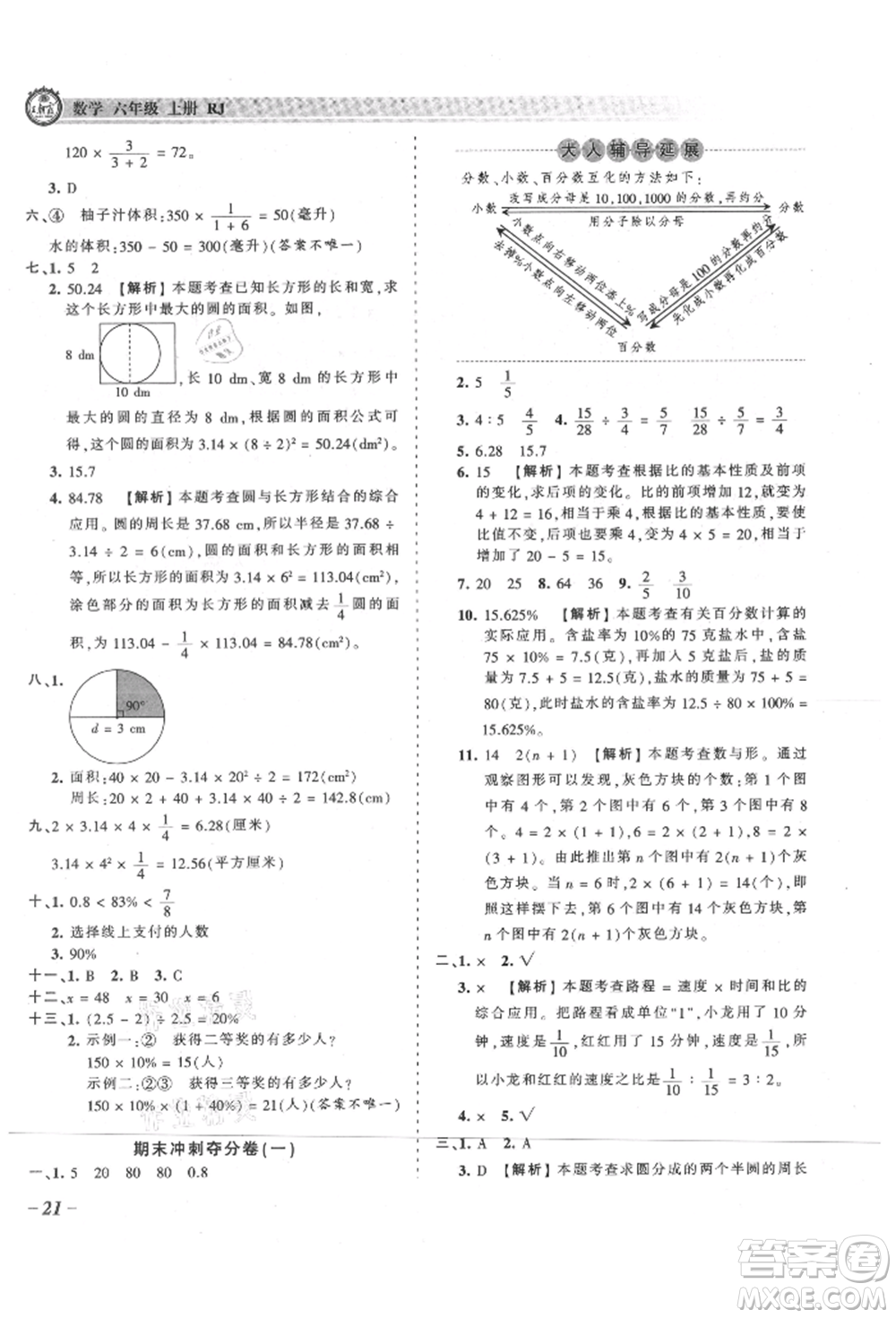 江西人民出版社2021王朝霞考點(diǎn)梳理時(shí)習(xí)卷六年級(jí)上冊(cè)數(shù)學(xué)人教版參考答案