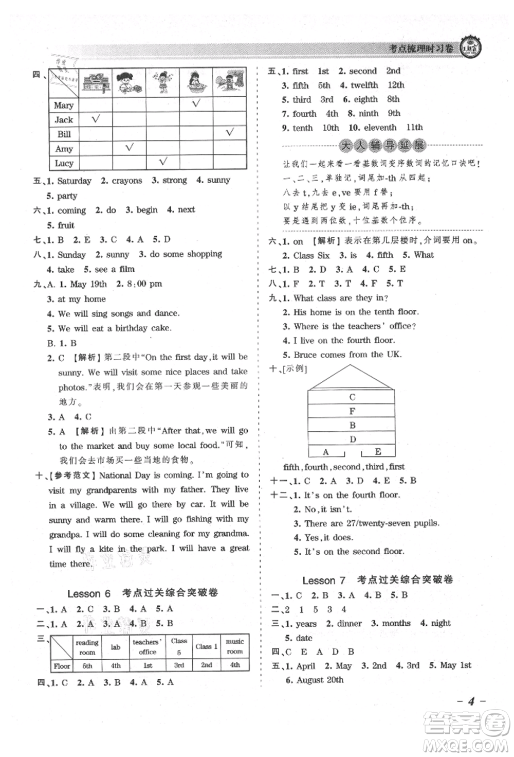 江西人民出版社2021王朝霞考點梳理時習卷六年級上冊英語科普版參考答案