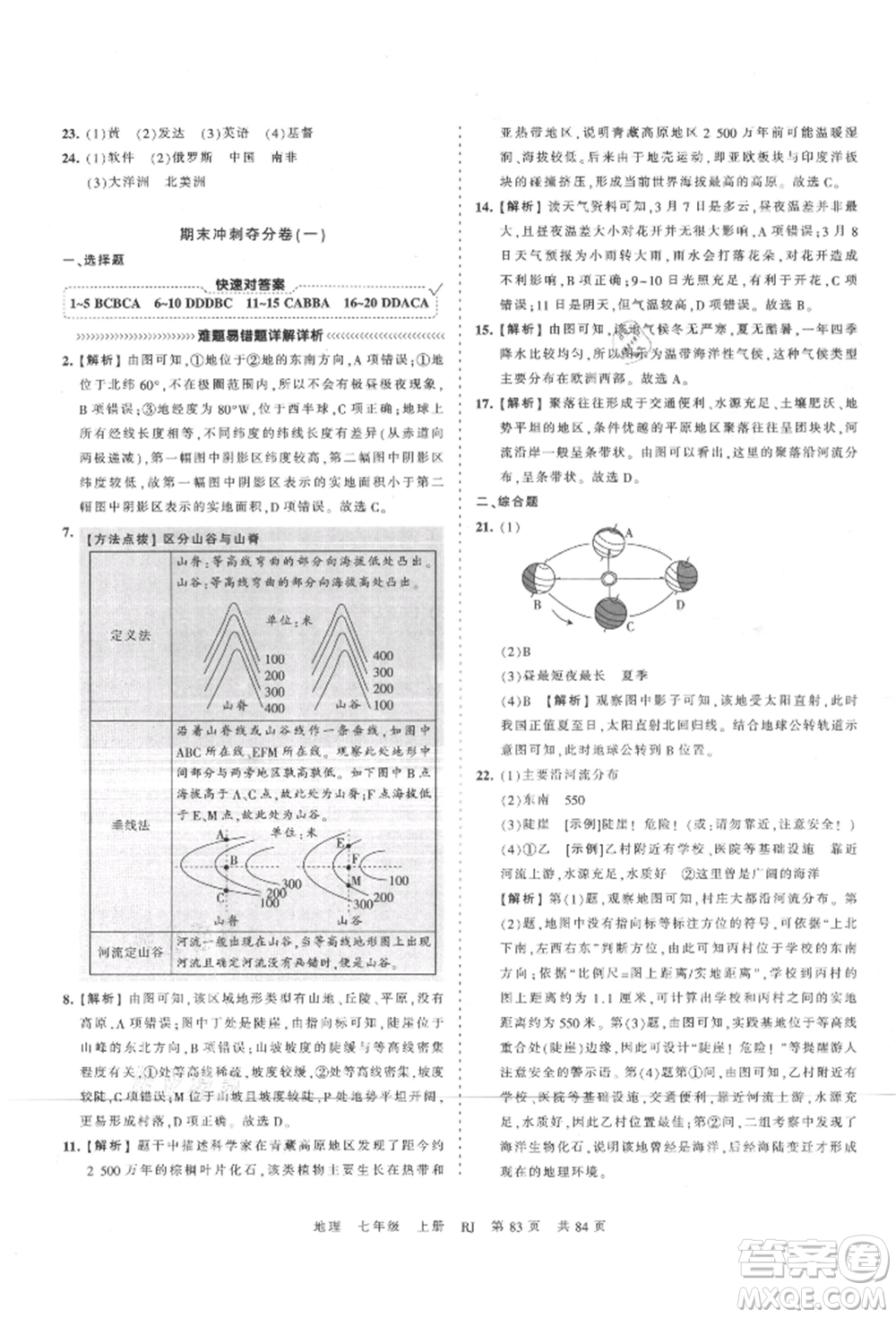 江西人民出版社2021王朝霞考點(diǎn)梳理時(shí)習(xí)卷七年級(jí)上冊(cè)地理人教版參考答案