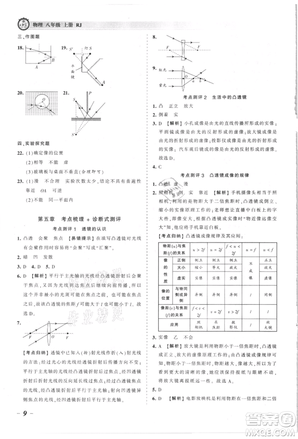 江西人民出版社2021王朝霞考點梳理時習卷八年級上冊物理滬科版參考答案