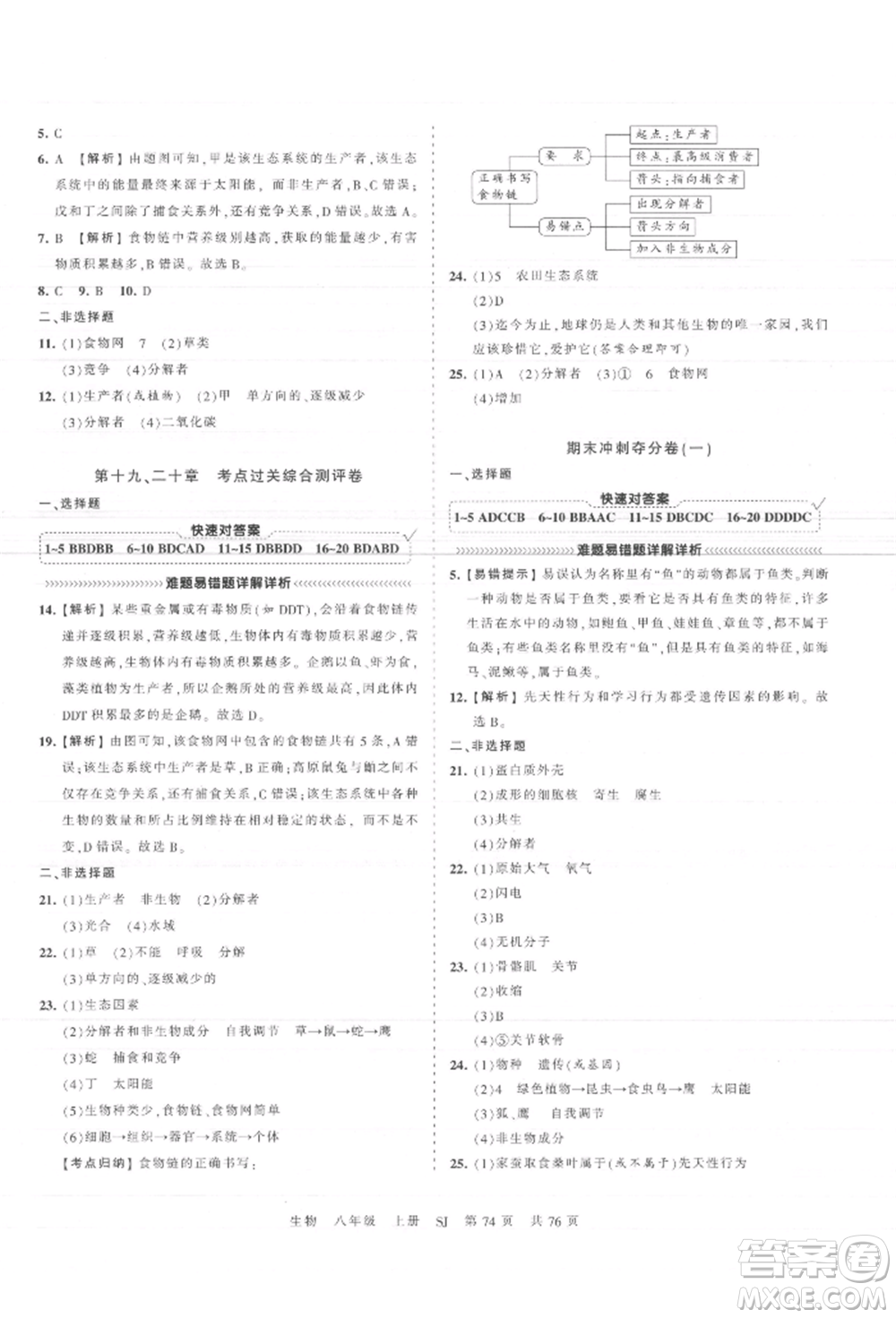 江西人民出版社2021王朝霞考點梳理時習(xí)卷八年級上冊生物蘇教版參考答案