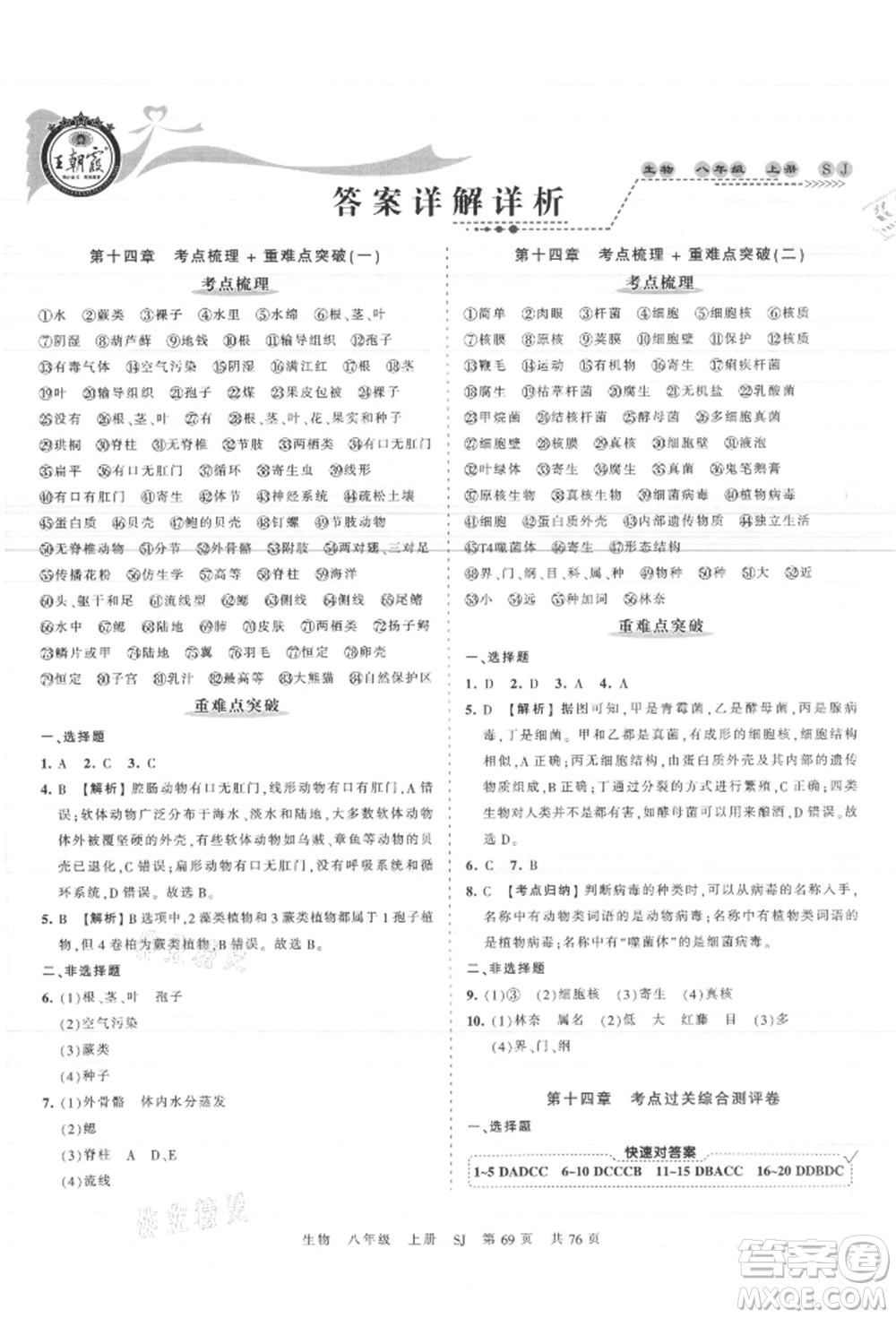 江西人民出版社2021王朝霞考點梳理時習(xí)卷八年級上冊生物蘇教版參考答案