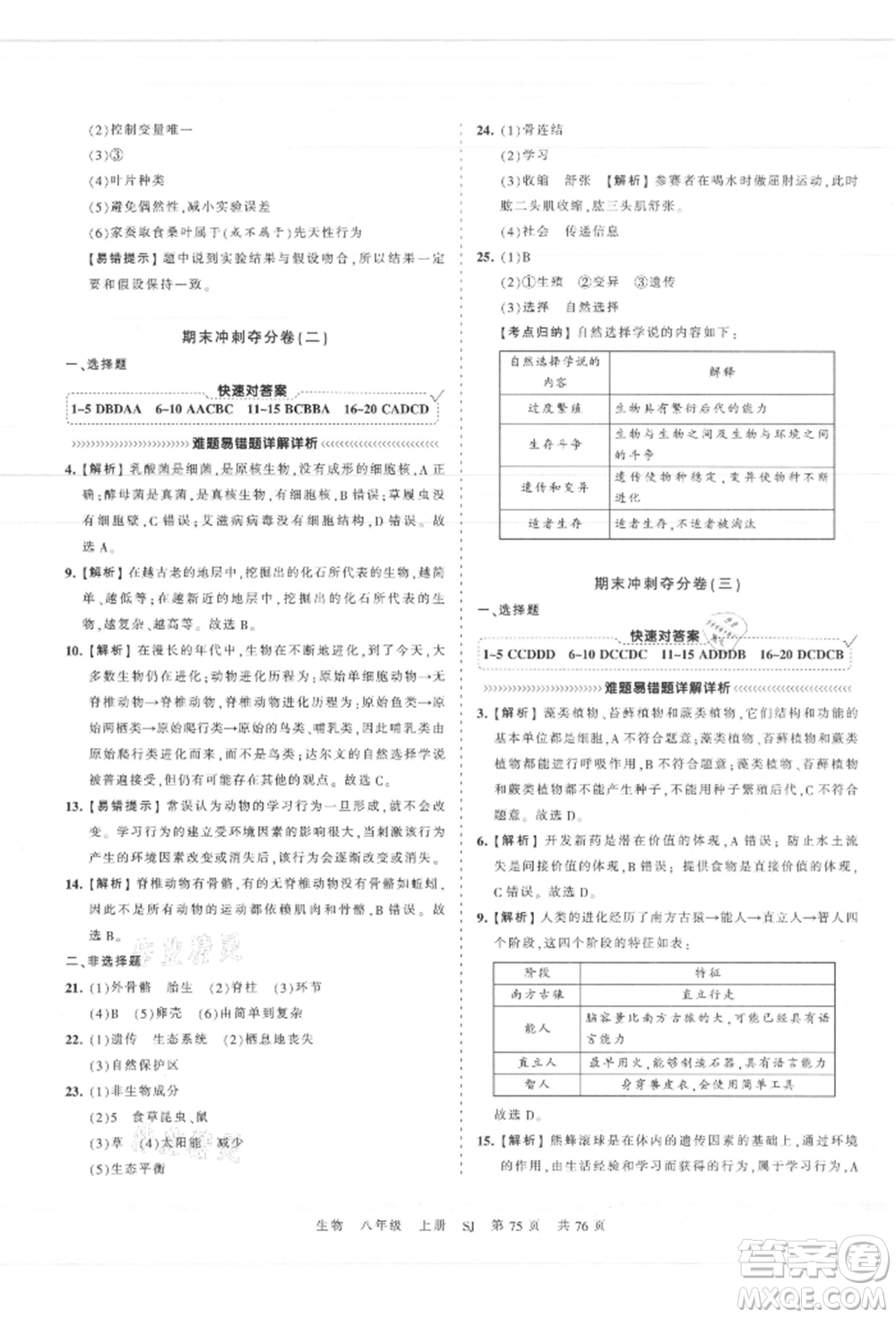 江西人民出版社2021王朝霞考點梳理時習(xí)卷八年級上冊生物蘇教版參考答案