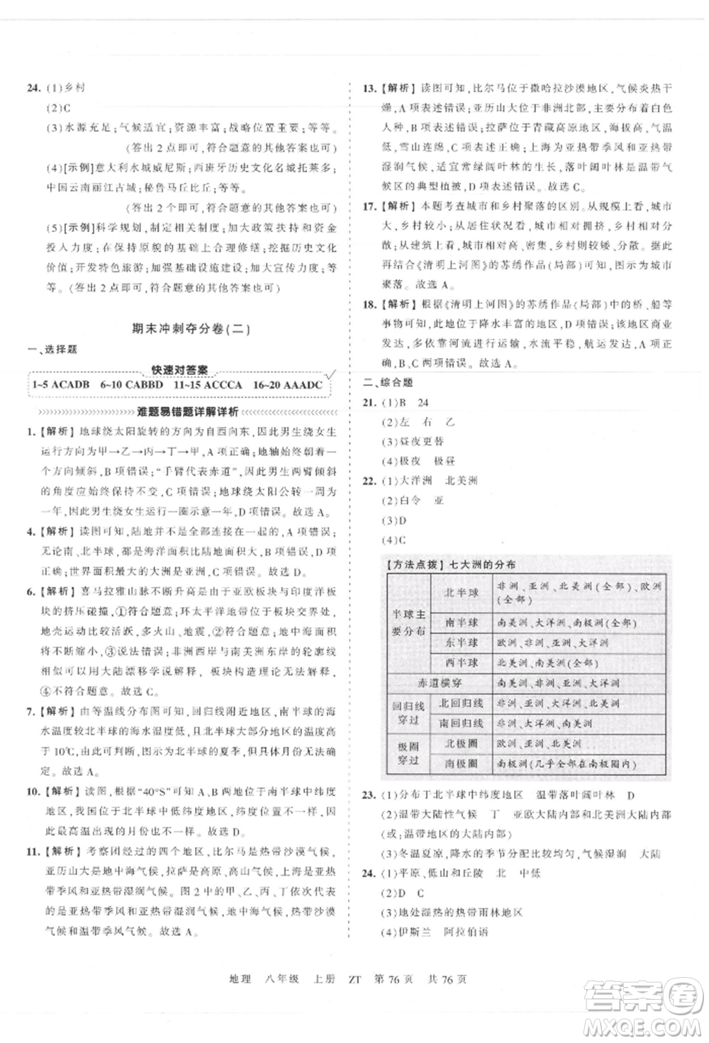 江西人民出版社2021王朝霞考點梳理時習卷八年級上冊地理中圖版參考答案