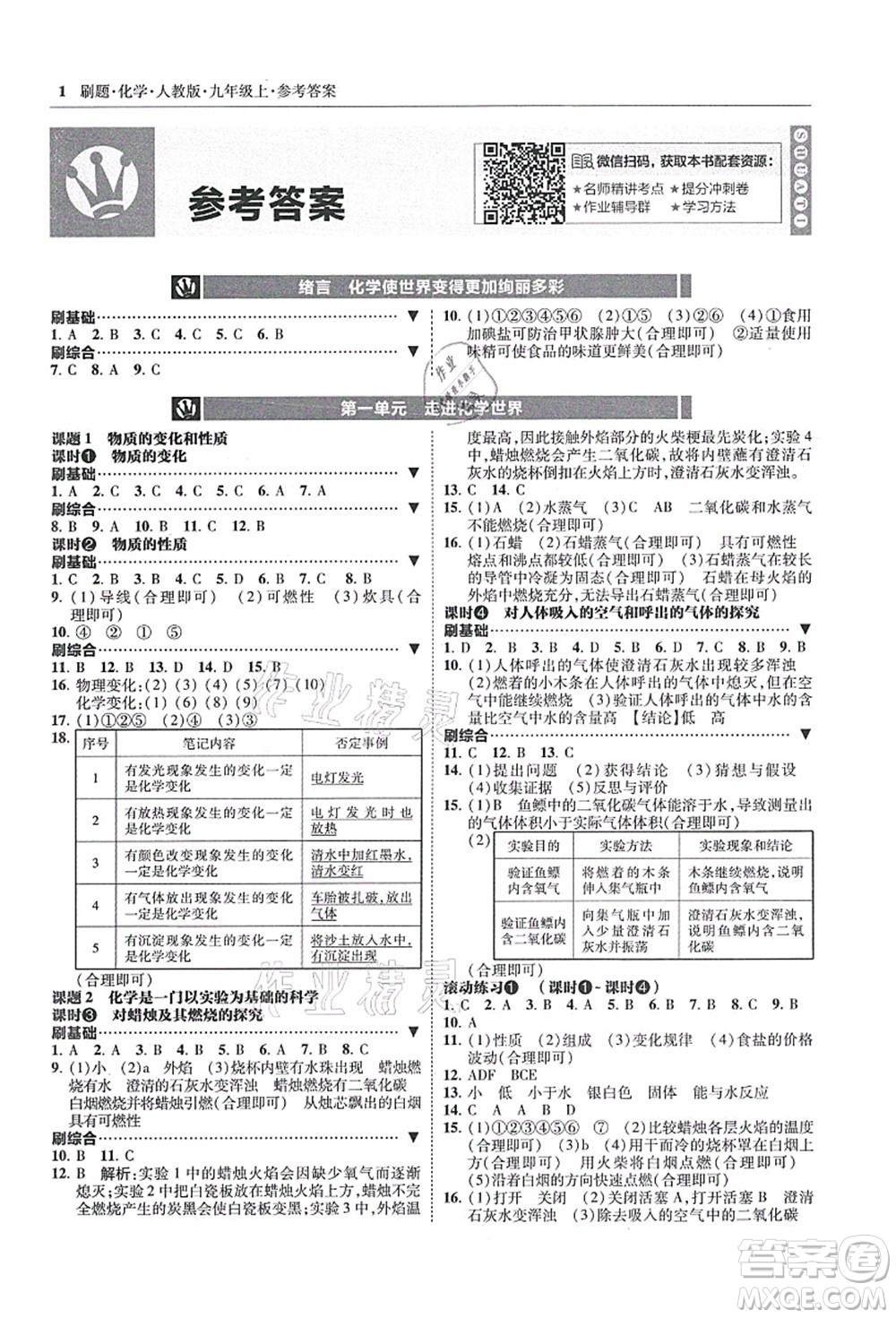 東北師范大學(xué)出版社2021北大綠卡刷題九年級化學(xué)上冊人教版答案