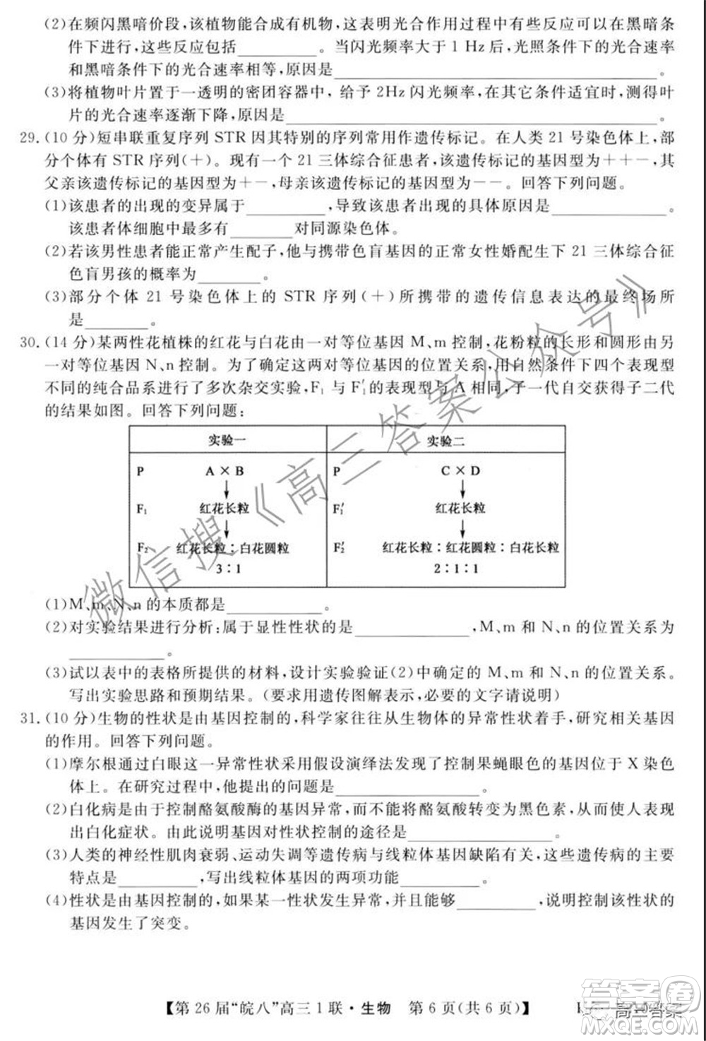 皖南八校2022屆高三第一次聯(lián)考生物試題及答案