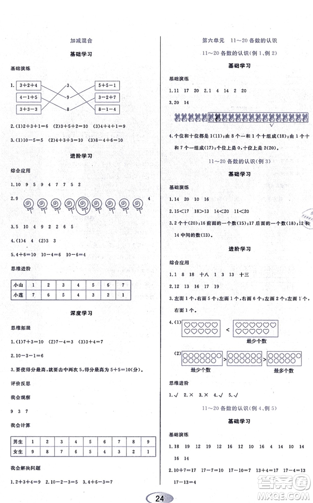 黑龍江教育出版社2021資源與評價一年級數(shù)學上冊人教版答案