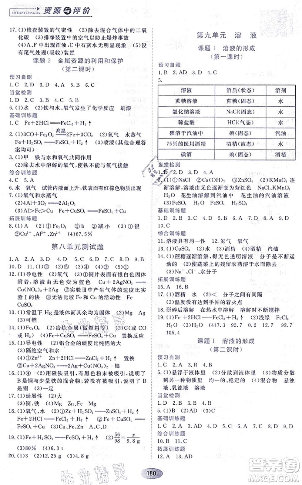 黑龍江教育出版社2021資源與評價九年級化學上冊人教版答案