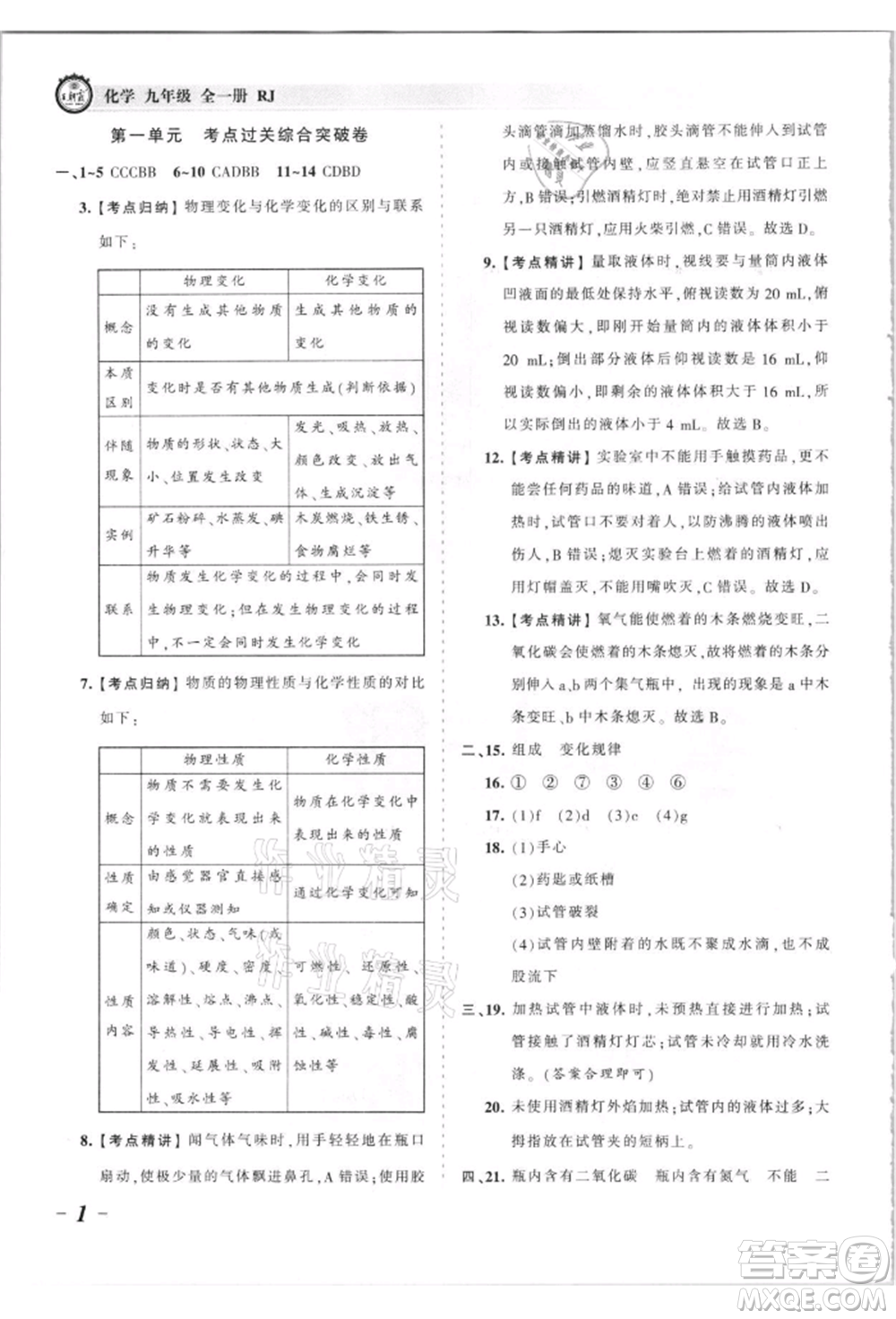 江西人民出版社2021王朝霞考點(diǎn)梳理時(shí)習(xí)卷九年級(jí)化學(xué)人教版參考答案