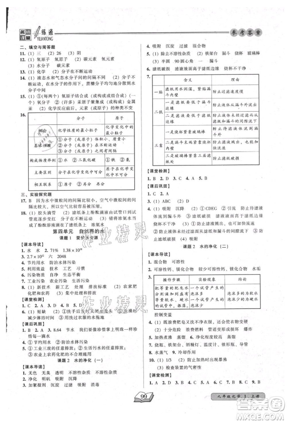 黑龍江美術(shù)出版社2021名師課堂一練通九年級上冊化學(xué)人教版參考答案