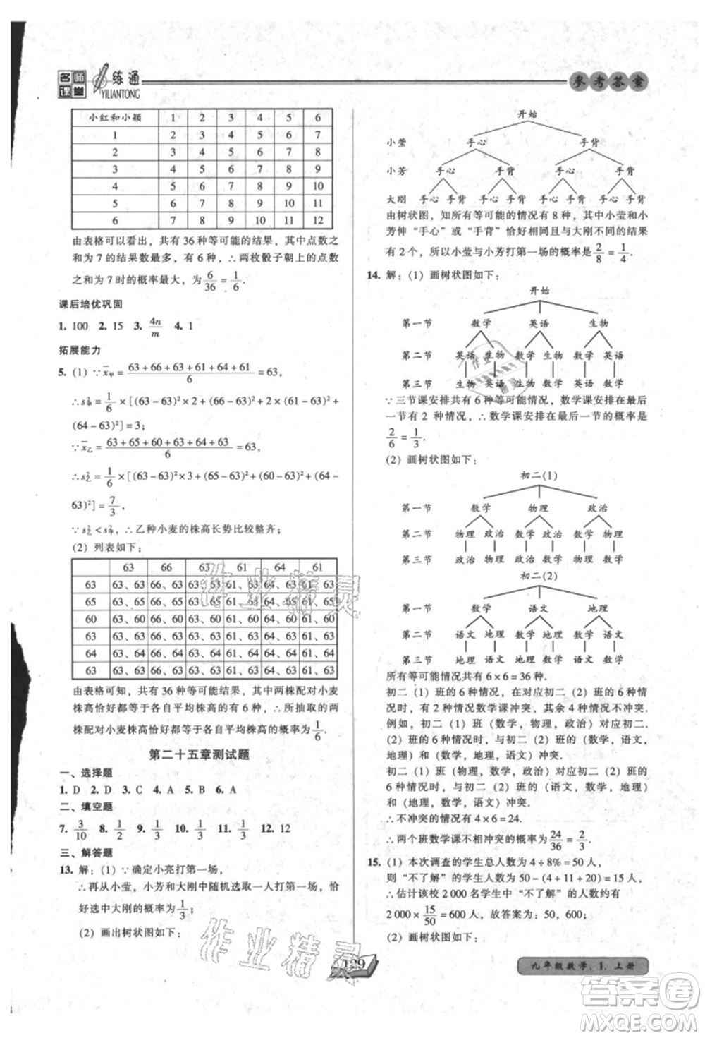 黑龍江美術出版社2021名師課堂一練通九年級上冊數(shù)學人教版參考答案