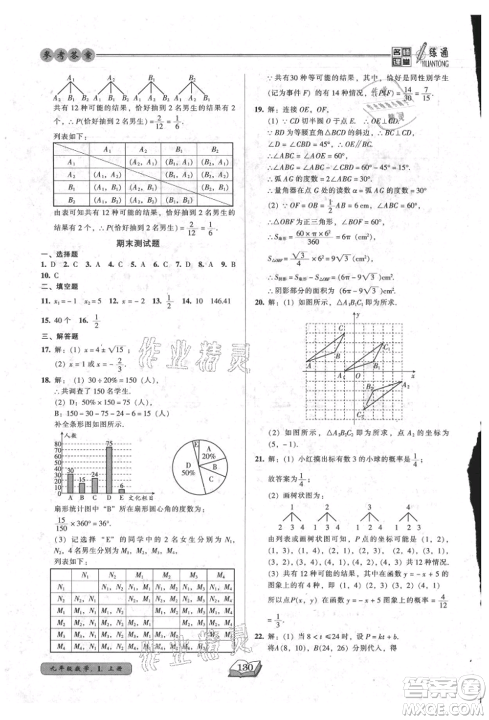 黑龍江美術出版社2021名師課堂一練通九年級上冊數(shù)學人教版參考答案